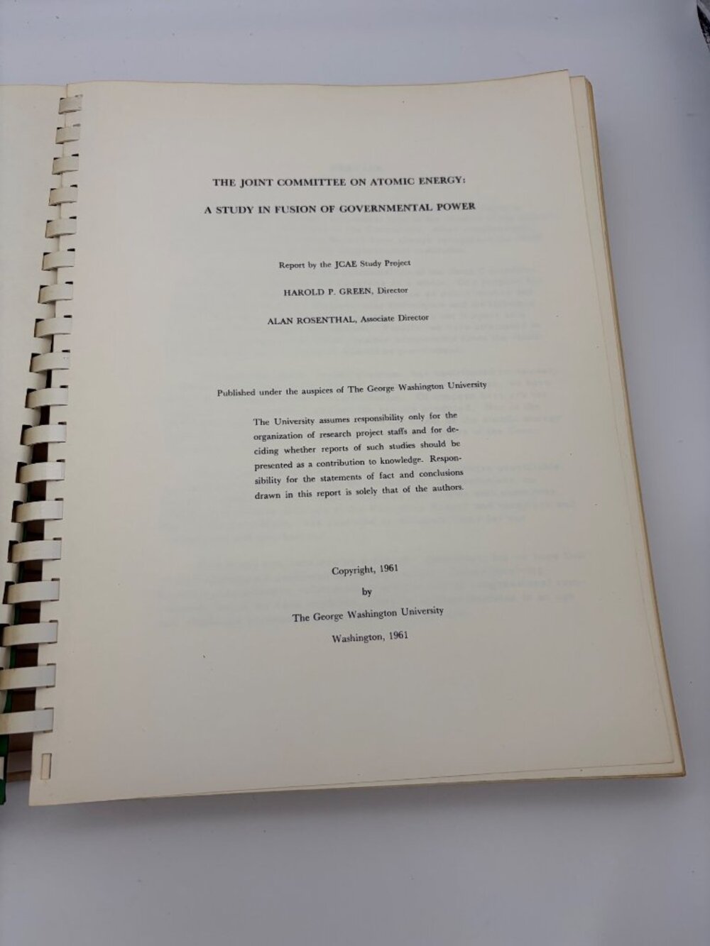 1961 Joint Committee on Atomic Energy Government Power Green Rosenthal GWU Study - Picture 2 of 13